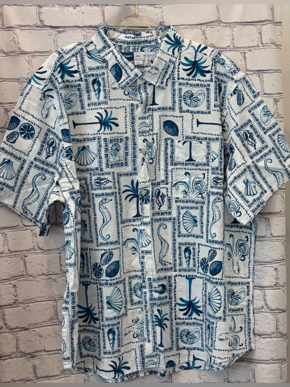 Old Navy :XXXL Men’s Blue/White Tropical Print Button-Up Shirt 100% Cotton
